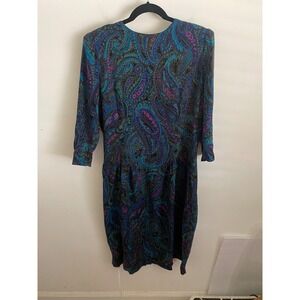 La Chemise Vintage 80s Paisley Drop Waist Midi Dress Teal Purple Magenta Size 12